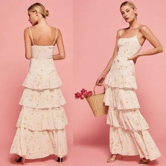 NWT Reformation Foxglove Tiered Ruffle Maxi Dress 2 Opium Floral Georgette - Picture 2 of 11